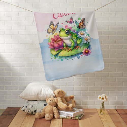 Personalized Frog Flowers and Butterflies Baby Baby Blanket