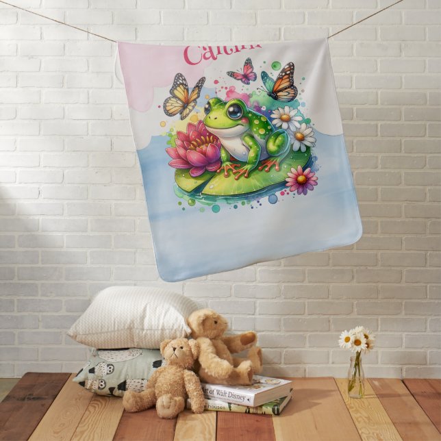 Personalized Frog, Flowers and Butterflies Baby Blanket (In Situ)