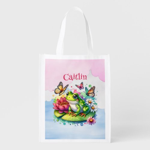 Personalized Frog Flowers and Butterflies Baby Grocery Bag