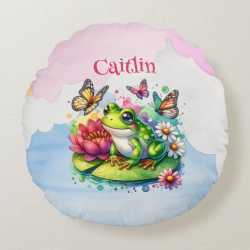 Personalized Frog Flowers and Butterflies Baby Round Pillow