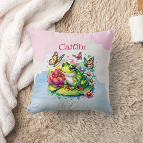 Personalized Frog Flowers and Butterflies Baby Throw Pillow