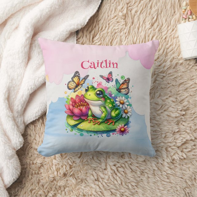 Personalized Frog, Flowers and Butterflies Baby Throw Pillow (Blanket)