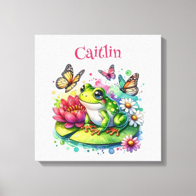 Personalized Frog, Flowers and Butterflies Canvas Print (Front)