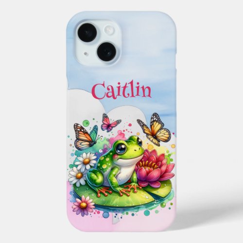 Personalized Frog Flowers and Butterflies iPhone 15 Case