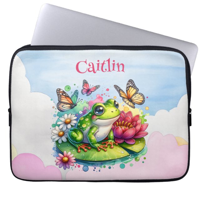 Personalized Frog, Flowers and Butterflies Laptop Sleeve (Front)