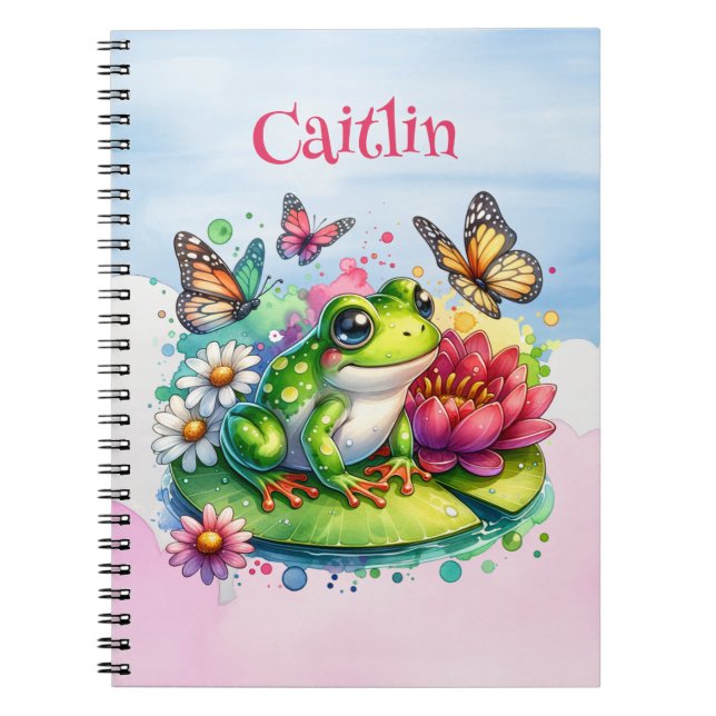 Personalized Frog, Flowers and Butterflies Notebook (Front)
