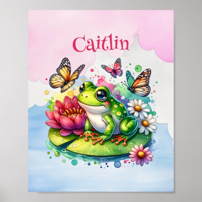 Personalized Frog, Flowers and Butterflies Poster (Front)