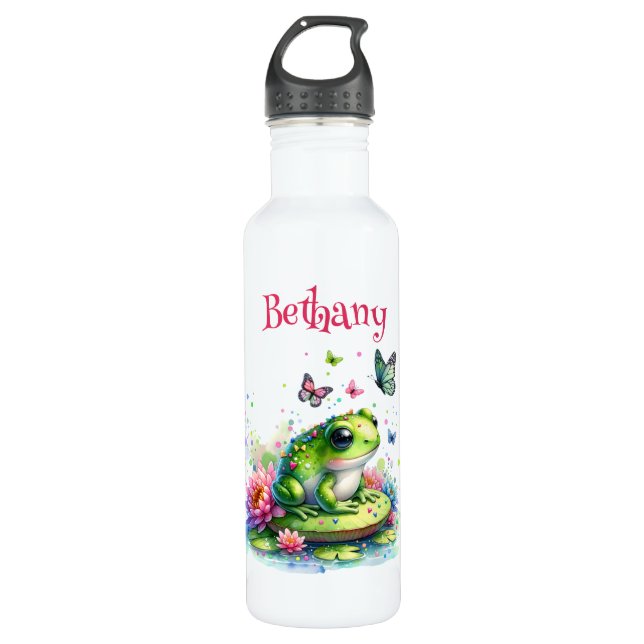 Personalized Frog, Flowers and Butterflies Stainless Steel Water Bottle (Front)