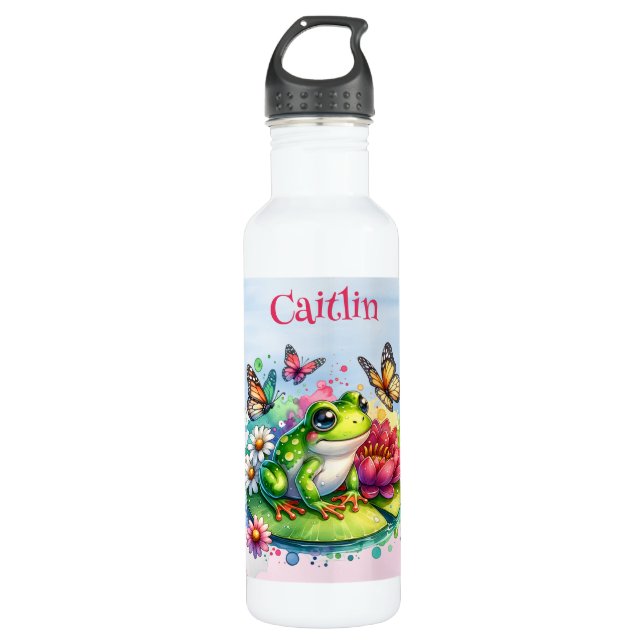Personalized Frog, Flowers and Butterflies Stainless Steel Water Bottle (Front)