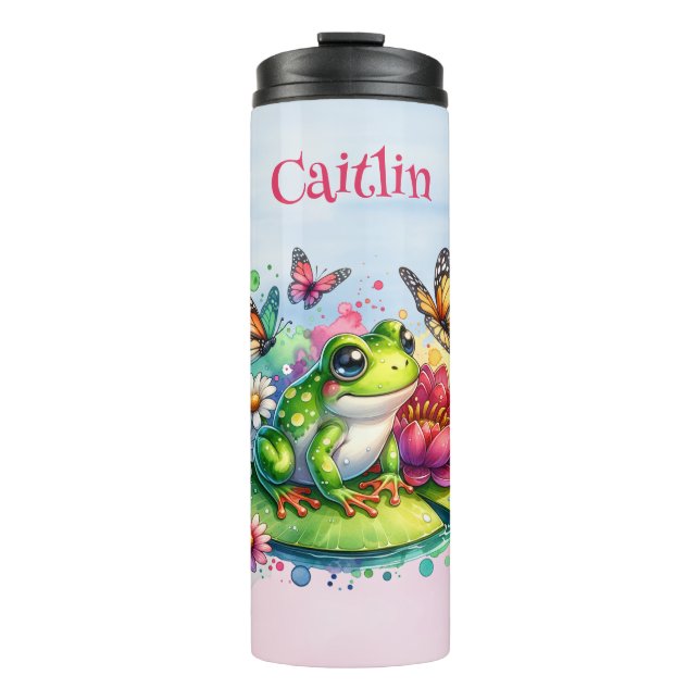 Personalized Frog, Flowers and Butterflies Thermal Tumbler (Front)