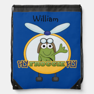 Personalized Frog Helicopter Pilot Drawstring Bag