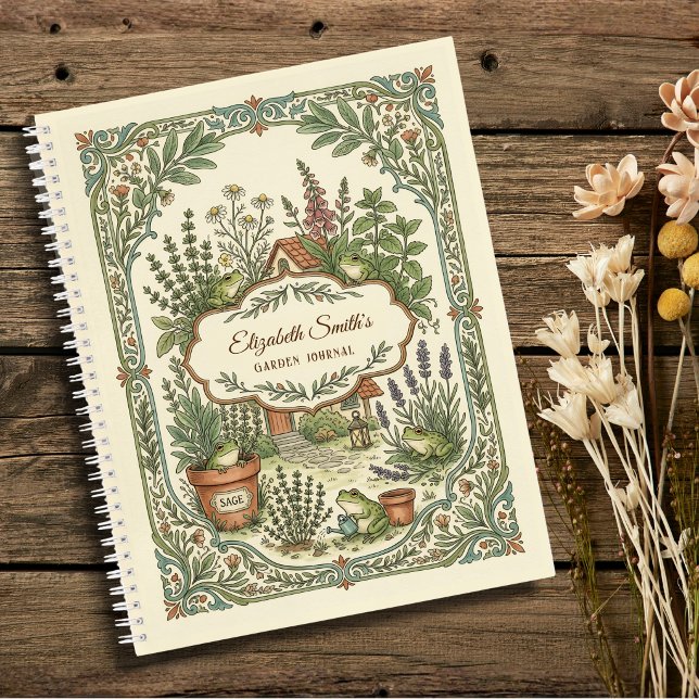 Personalized Frog Herb Cottage Garden Notebook  (Cute illustration frog herb garden journal with personalized name and label)