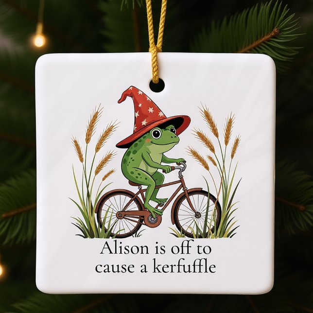 Personalized Frog on a Bike Kerfuffle Funny Ceramic Ornament (Creator Uploaded)