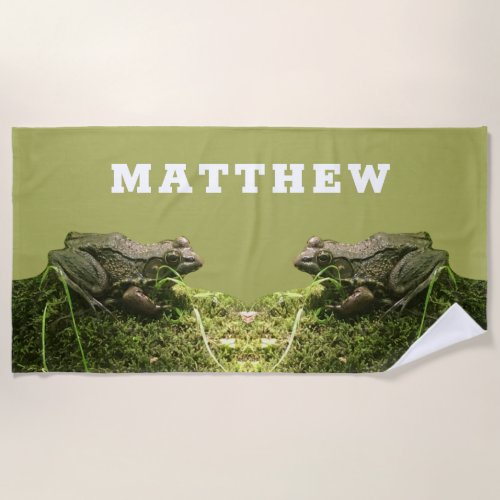 Personalized Frog on a Mossy Rock Photo Beach Towel
