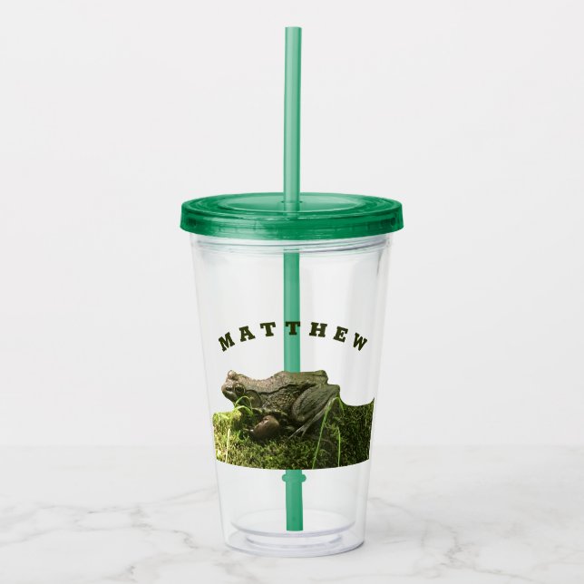 Personalized Frog on a Mossy Rock Photo Green Acrylic Tumbler (Front)
