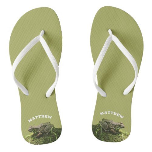 Personalized Frog on a Mossy Rock Photo Green Flip Flops