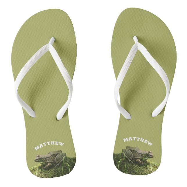 Personalized Frog on a Mossy Rock Photo Green Flip Flops (Footbed)