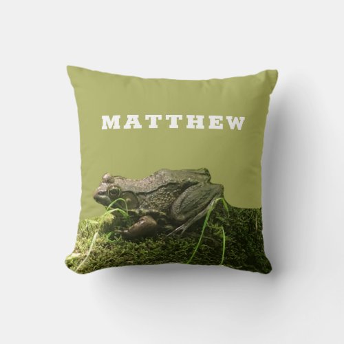 Personalized Frog on a Mossy Rock Photo Green Throw Pillow