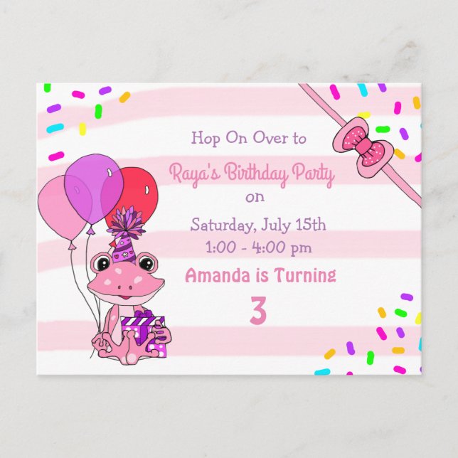 Personalized Frog Themed Girl's Birthday Party Postcard (Front)