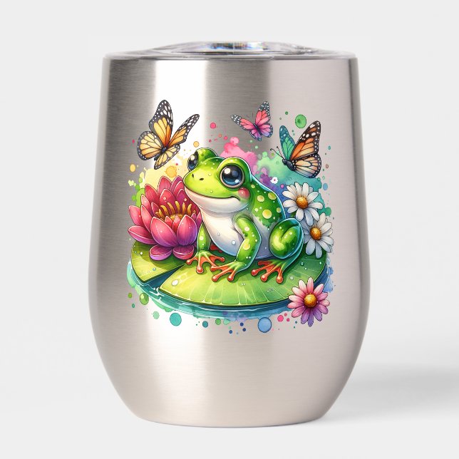 Personalized Frog with Flowers on Lilypad Insulate Thermal Wine Tumbler (Front)