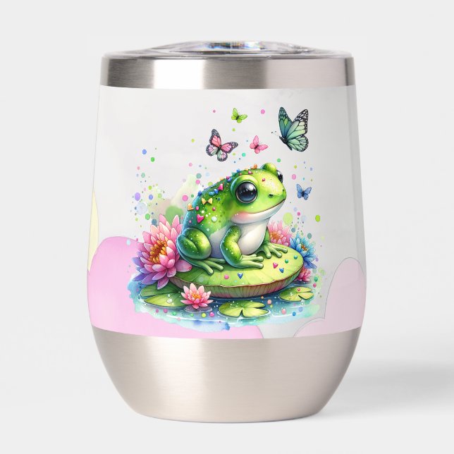 Personalized Frog with Flowers on Lilypad Insulate Thermal Wine Tumbler (Front)