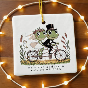 Personalized Frogs on a Bike Wedding Marriage Ceramic Ornament