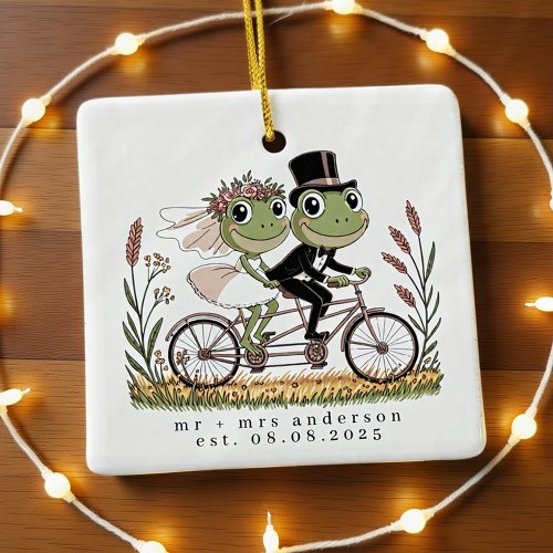 Personalized Frogs on a Bike Wedding Marriage Ceramic Ornament