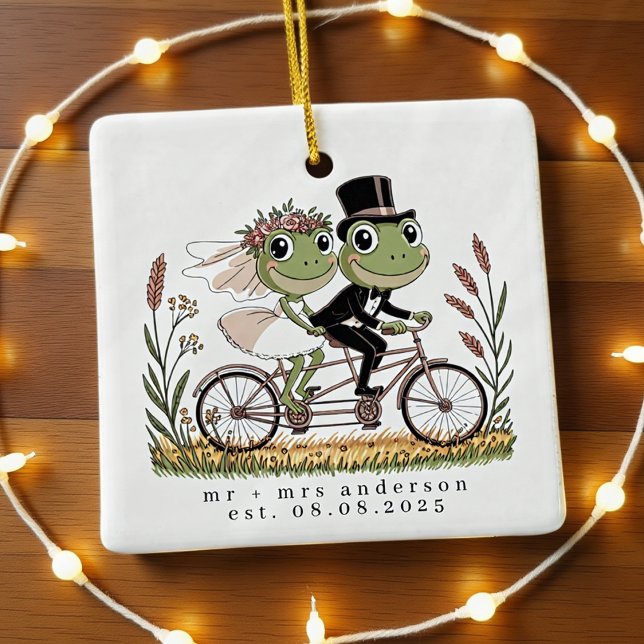 Personalized Frogs on a Bike Wedding Marriage Ceramic Ornament (Creator Uploaded)
