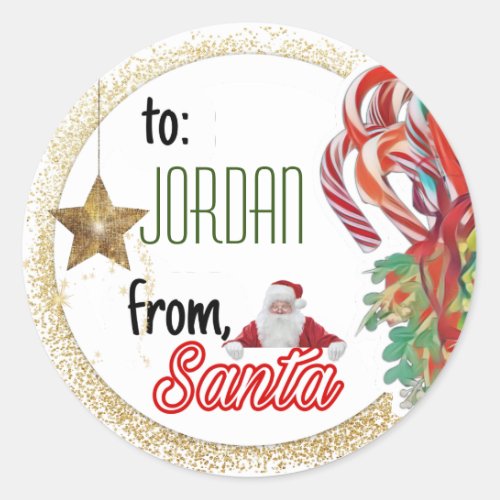 Personalized from Santa gold glitter Christmas Classic Round Sticker