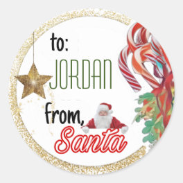 Personalized from Santa gold glitter Christmas Classic Round Sticker