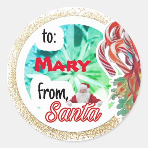 Personalized from Santa gold glitter Christmas Classic Round Sticker