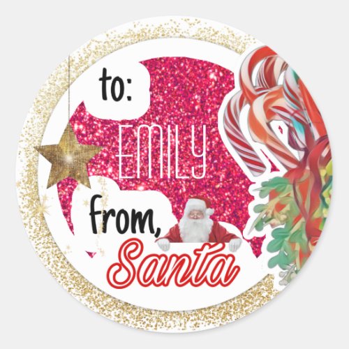 Personalized from Santa hot pink glitter Christmas Classic Round Sticker