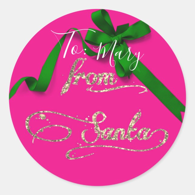 Personalized From Santa pink and green large Classic Round Sticker (Front)