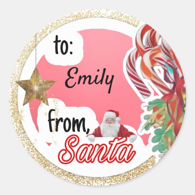 Personalized from Santa pink gold star Christmas Classic Round Sticker (Front)
