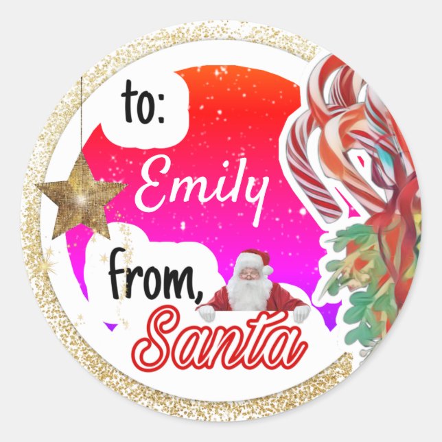 Personalized from Santa rainbow gold  Christmas Classic Round Sticker (Front)