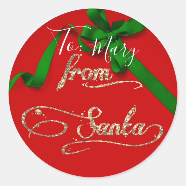 Personalized From Santa red and green Classic Round Sticker (Front)