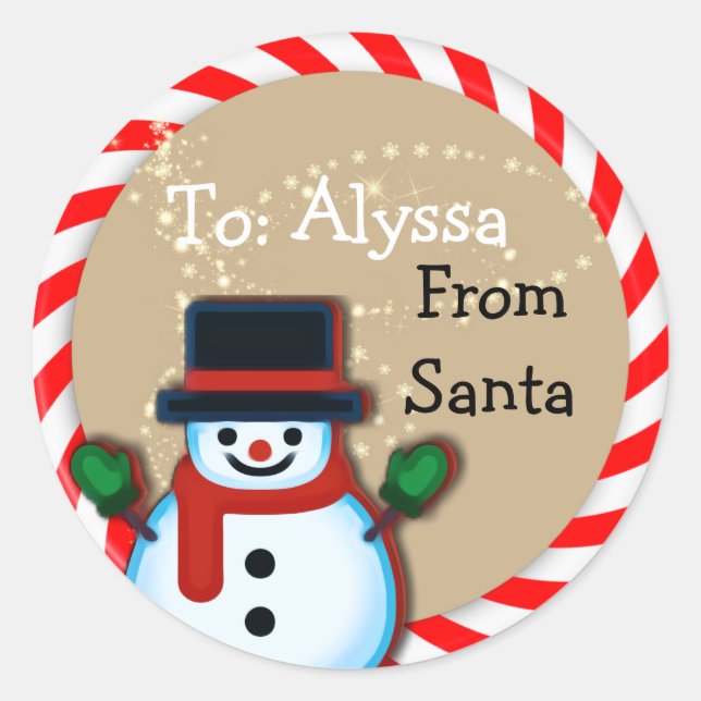Personalized from Santa Snowman Christmas Large Classic Round Sticker (Front)