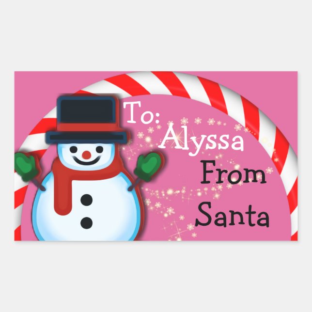 Personalized from Santa Snowman Pink Christmas Rectangular Sticker (Front)