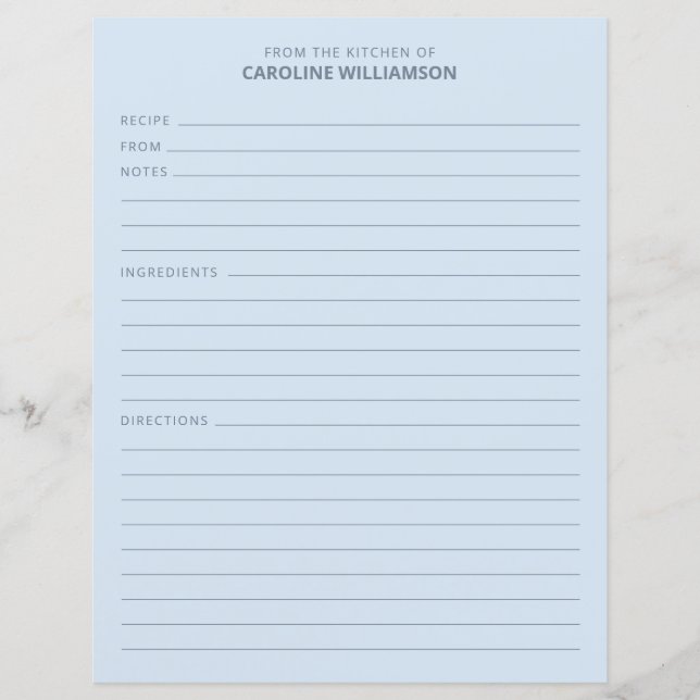 Personalized From the Kitchen of Name Blue Recipe (Front)