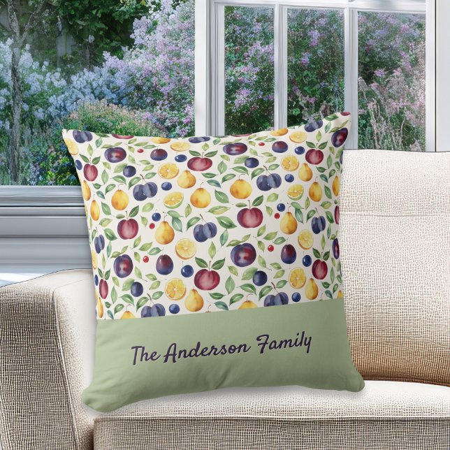 Personalized Fruits and Leaves Pattern Throw Pillow (A stylish throw pillow with custom family name, with fruits and leaves pattern)
