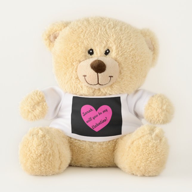 Personalized fuchsia pink heart on black teddy bear (Front)