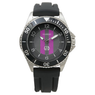 Personalized Fuchsia Racing Stripes Carbon Style Watch