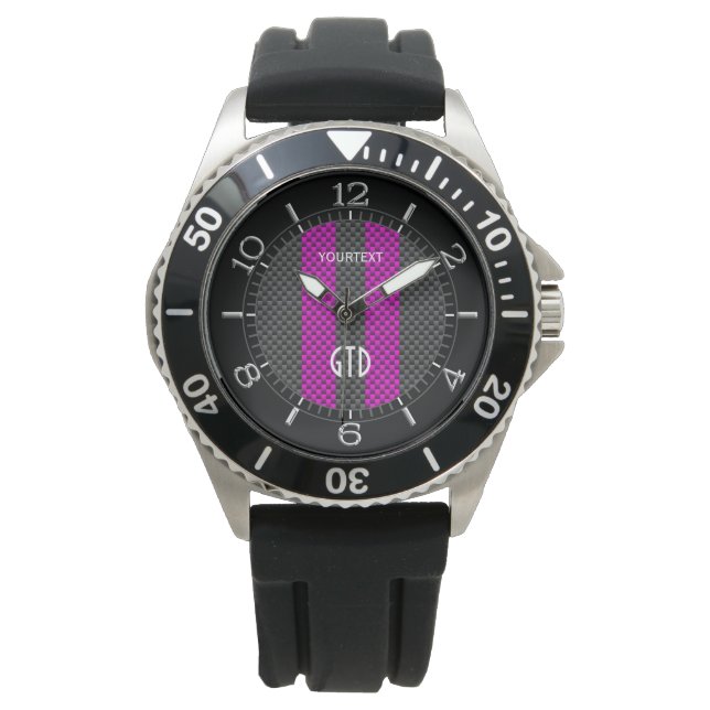 Personalized Fuchsia Racing Stripes Carbon Style Watch (Front)