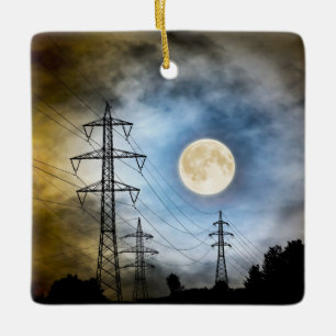 Personalized Full Moon and Power Lines Christmas Ceramic Ornament