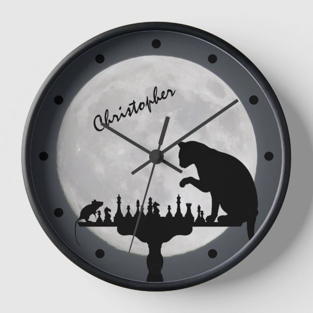 Personalized Full Moon Cat and Mouse Chess Game Clock (Front)