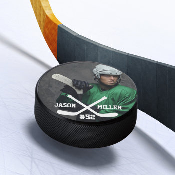 Personalized Full Photo Name & Number Hockey Puck by moodthology at Zazzle