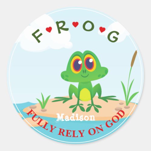 Personalized Fully Rely on God Frog Pond Classic Round Sticker