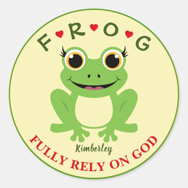 Personalized Fully Rely on God Girl Frog Classic Round Sticker (Front)