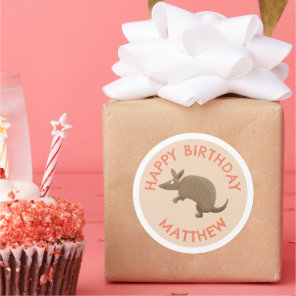 Personalized fun armadillo happy birthday cartoon classic round sticker
