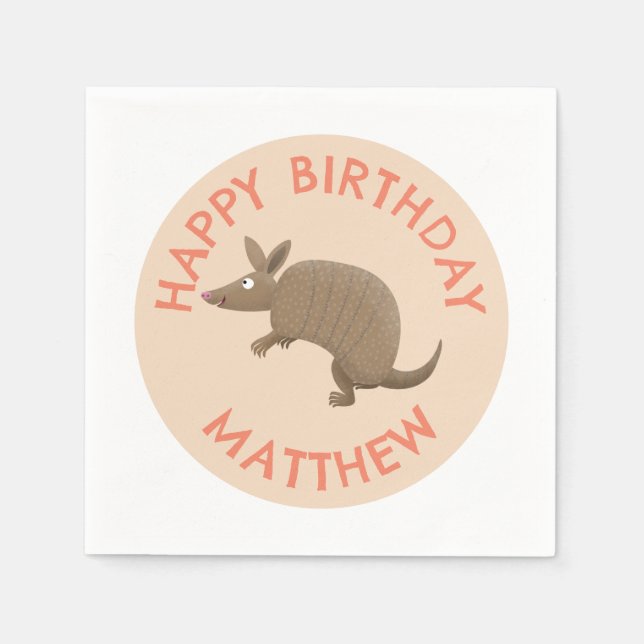 Personalized fun armadillo happy birthday cartoon napkins (Front)